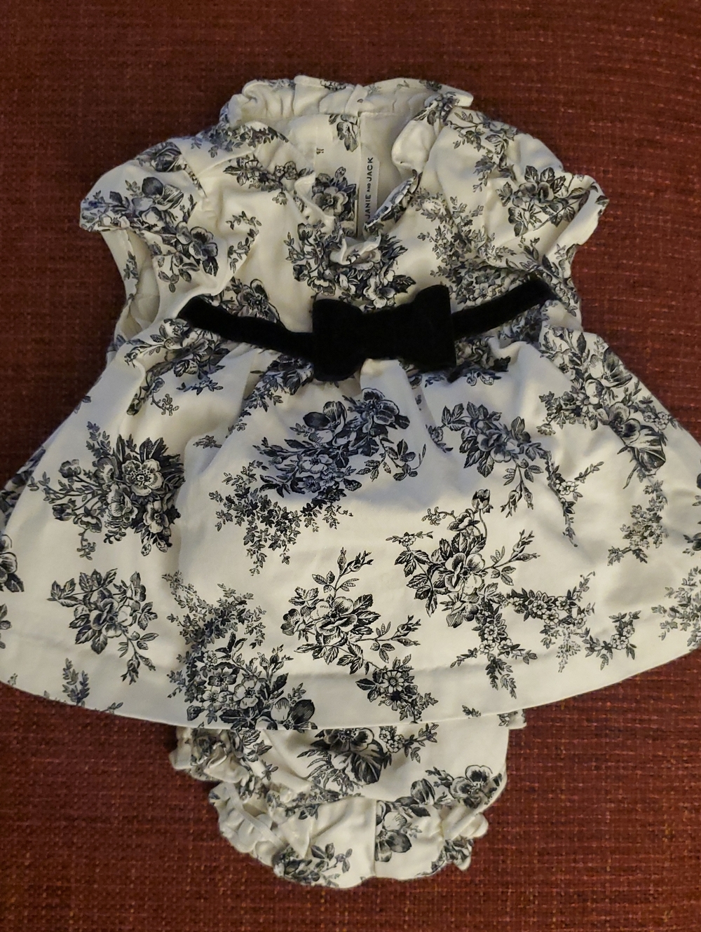 Janie & Jack Floral Toile Dress & Bloomers in Black and White 3-6 Mos